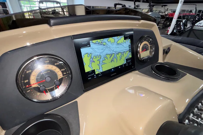 Slide: The Image of Dashboard of 2026 Evotti 525QL boat with GPS navigation and speedometer display. - 18