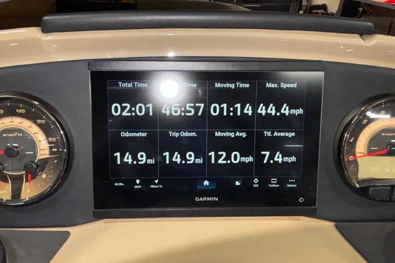 Slide: The Image of Dashboard of a 2026 Evotti 525QL showing trip statistics and speedometer. - 44