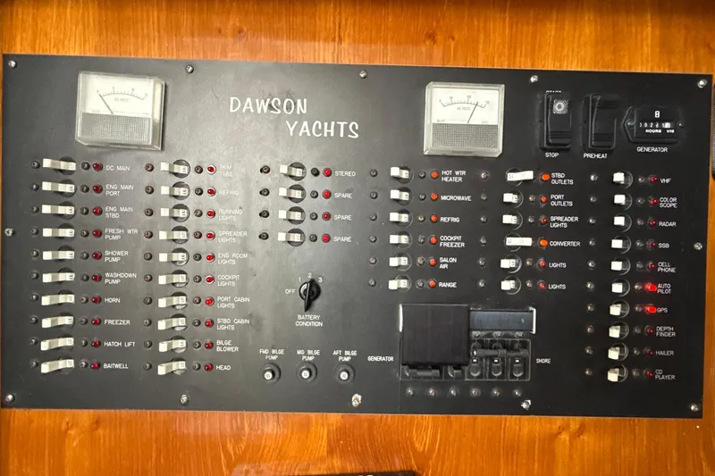 Slide: The Image of Control panel of a 2000 Dawson Yachts Express, featuring switches and meters. - 22