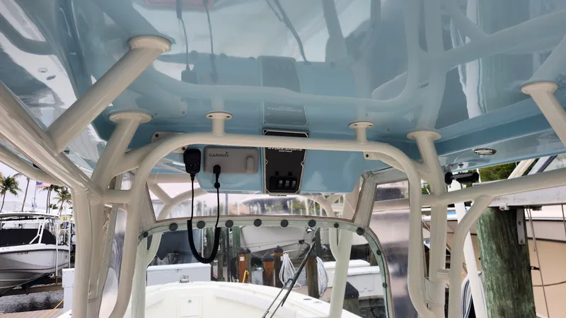 Slide: The Image of Interior view of a 2014 Hydra-Sports 3400 CC boat with Garmin equipment. - 27