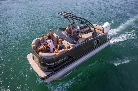 The Image of Luxurious Avalon Excalibur boat on water, 2026 model with 425HP Mercury V10. - 1