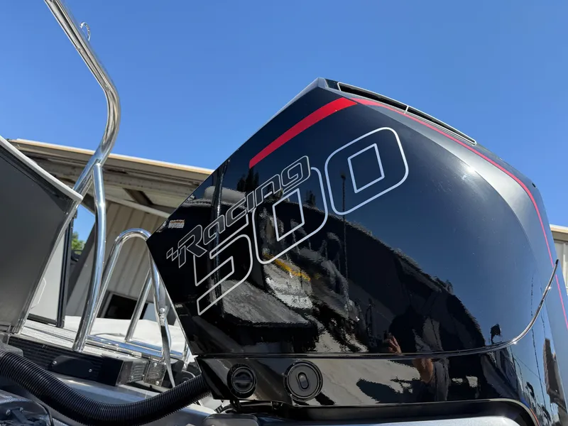 Slide: The Image of 2026 Avalon Catalina with 500HP Mercury engine, close-up. - 10