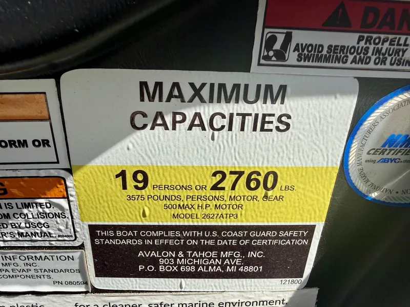 Slide: The Image of Boat capacity label for Avalon Catalina Quad Lounge, 19 persons, 2760 lbs. - 11