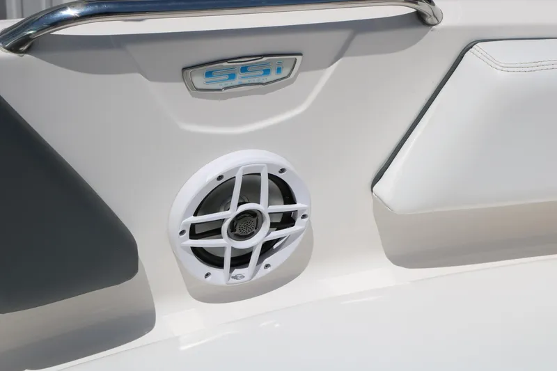 Slide: The Image of 2021 Chaparral 21 SSi Ski & Fish boat interior with speaker and SSI logo. - 41