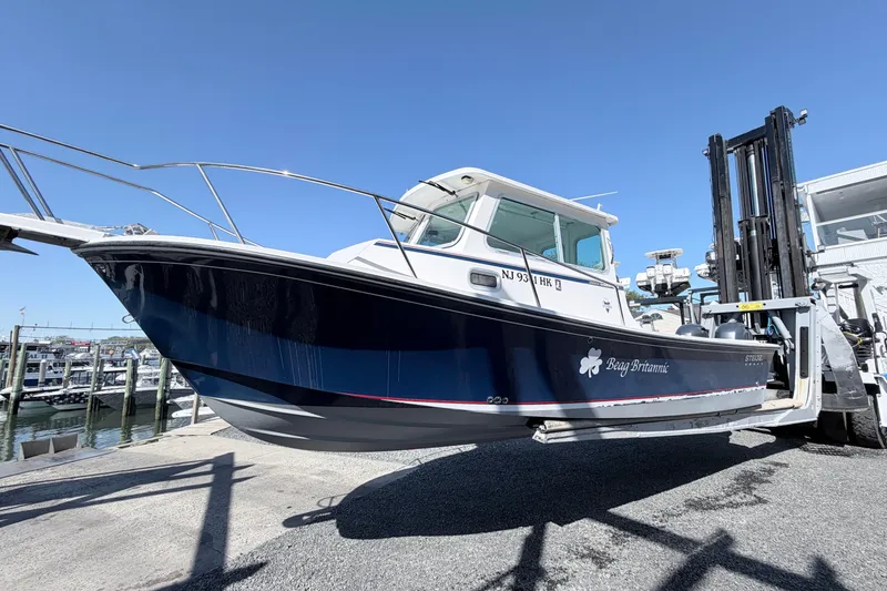 The Image of 2018 Steiger Craft 25 Chesapeake boat on forklift, marina background, clear sky. - 1