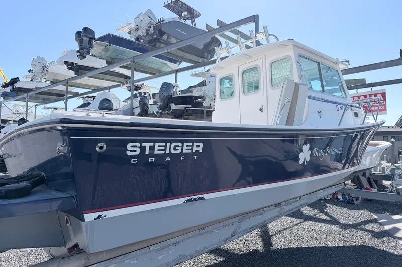 Slide: The Image of 2018 Steiger Craft 25 Chesapeake boat displayed on a rack under clear blue skies. - 4