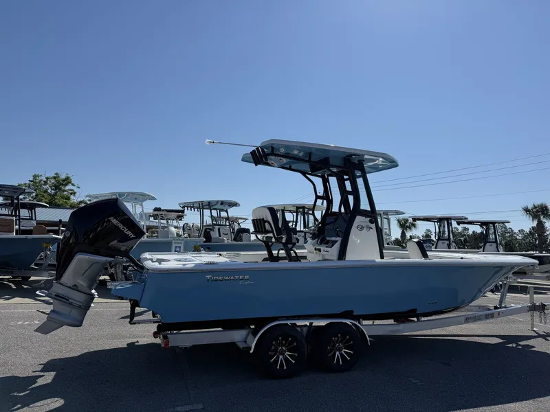 Slide: The Image of 2026 Tidewater 2500 Carolina Bay boat on trailer. - 2