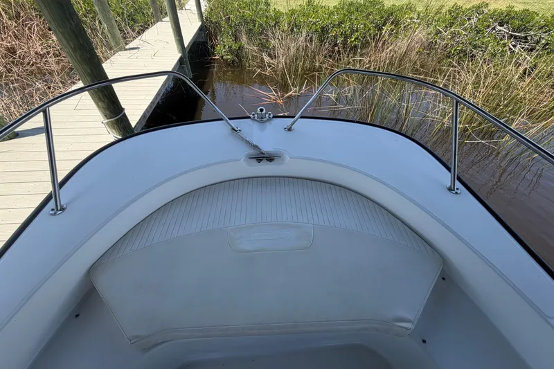 Slide: The Image of 2012 Boston Whaler 190 Montauk boat bow with railing, docked near grassy shoreline. - 7