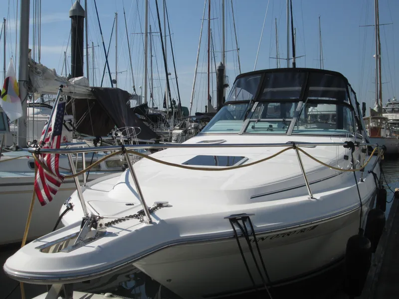 Slide: The Image of 1996 Sea Ray 290 Sundancer docked with American flag. - 2