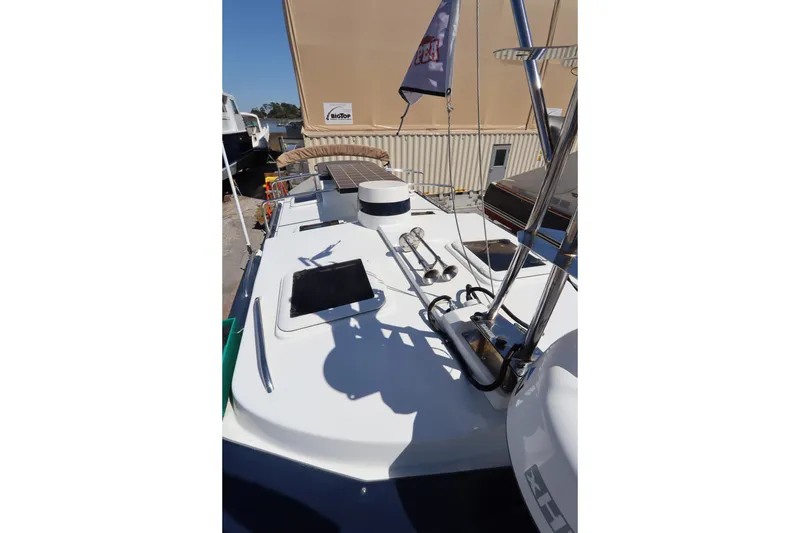 Slide: The Image of 2015 Ranger Tugs R-27 boat deck with solar panels and equipment. - 22