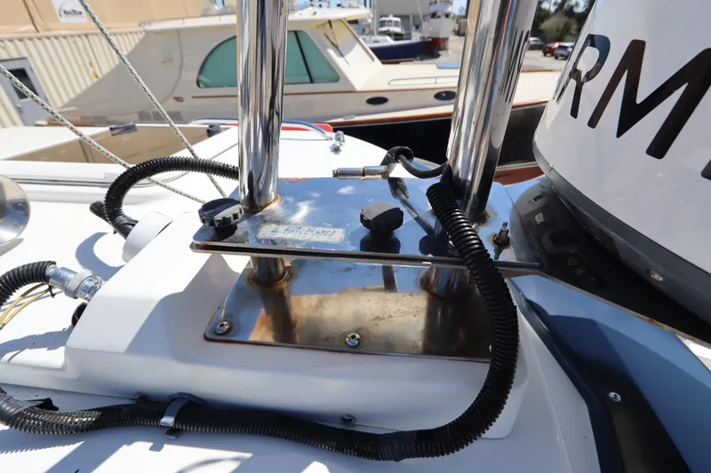 Slide: The Image of Close-up of 2015 Ranger Tugs R-27 boat equipment with metal fixtures and wiring. - 39