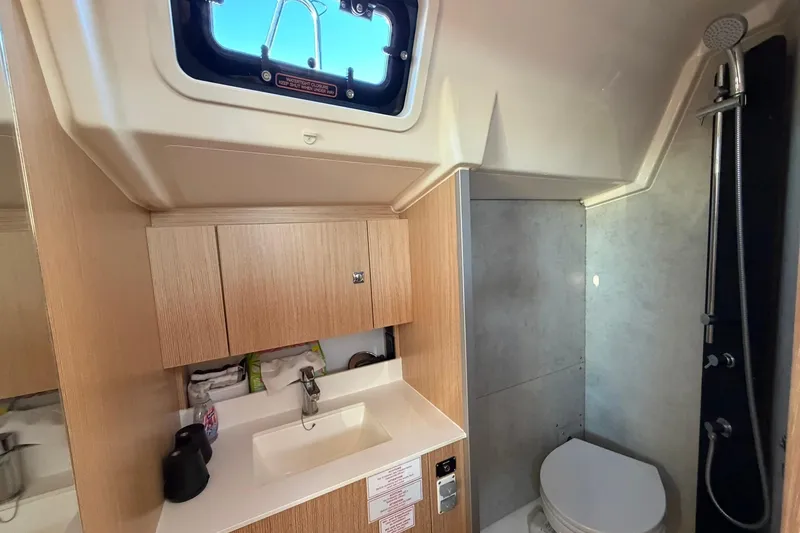 Slide: The Image of Modern bathroom interior of 2022 Bavaria C38 yacht with sink, toilet, and shower. - 7