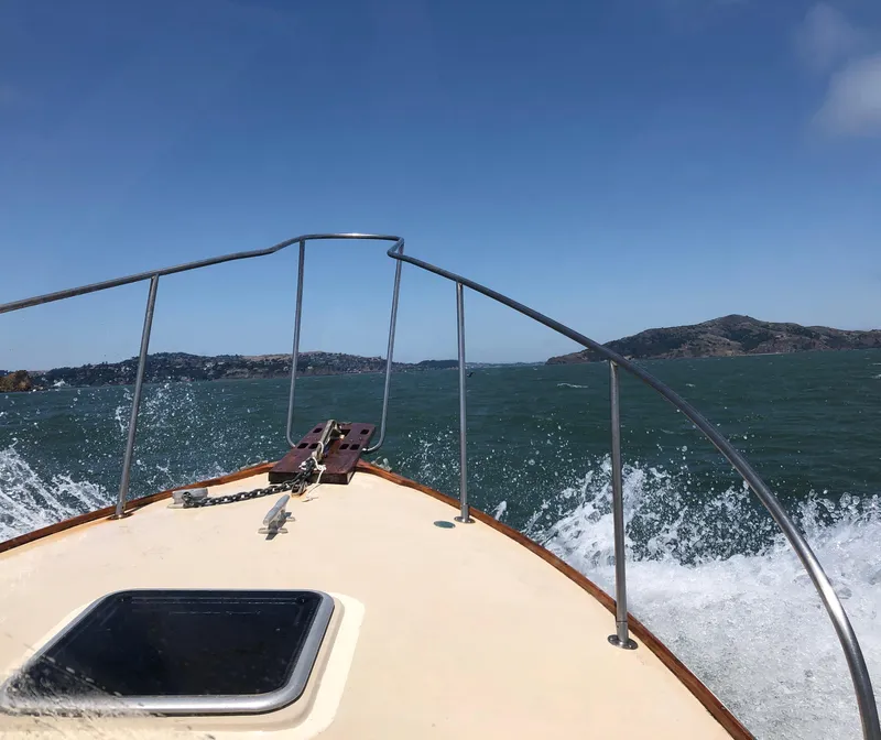 Slide: The Image of 1974 Dyer 29' Sport Fisher cruising on open water with scenic island views. - 10