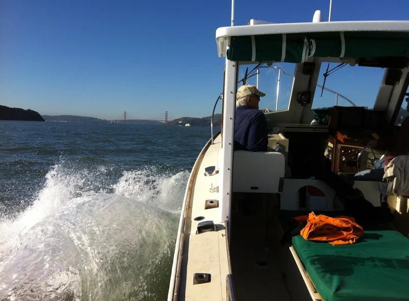 Slide: The Image of 1974 Dyer 29' Sport Fisher cruising on open water with bridge in background. - 2