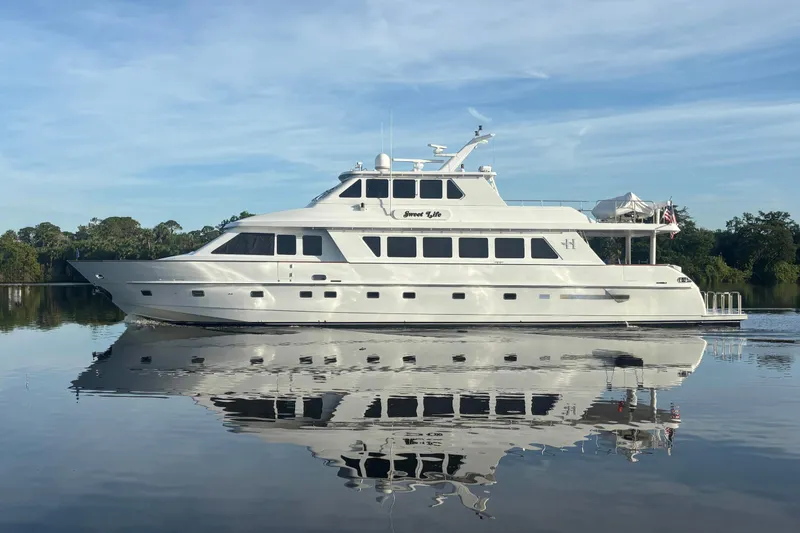 The Image of Luxury 2001 Hargrave 94 yacht on calm water, reflecting clear blue sky. - 0