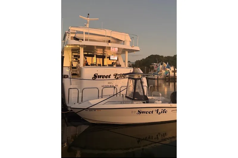 Slide: The Image of Hargrave 94 yacht "Sweet Life" docked at sunset, 2001 model. - 7