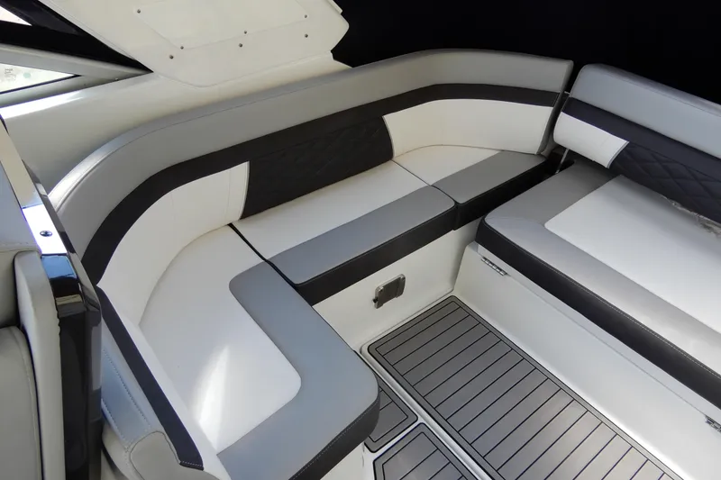 Slide: The Image of Luxurious seating area on 2022 Monterey 295 Sport Yacht with sleek, modern design. - 12
