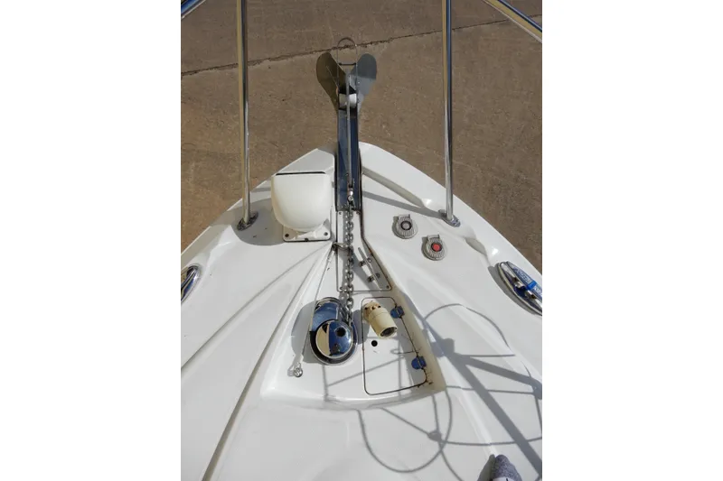 Slide: The Image of Bow view of 2022 Monterey 295 Sport Yacht with anchor and deck fittings. - 7