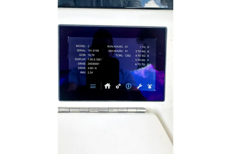 Slide: The Image of Display screen showing technical data on a 2020 Regulator 34 boat. - 14