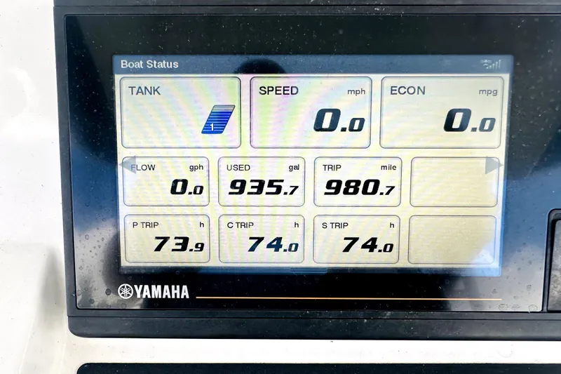 Slide: The Image of Yamaha boat display showing fuel usage, trip data, and speed for 2020 Regulator 34. - 16