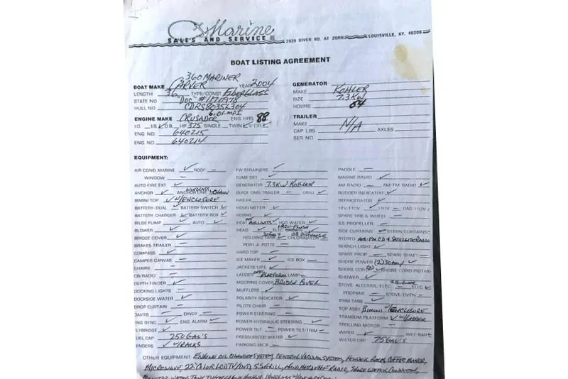 Slide: The Image of Boat listing agreement for 2004 Carver 360 Mariner with detailed specifications and equipment. - 40