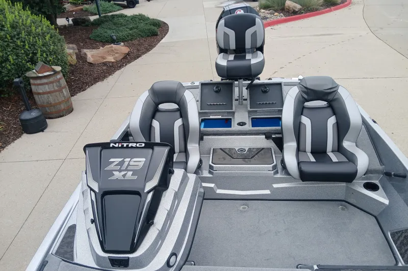 Slide: The Image of 2026 Nitro Z19 XL boat interior with sleek seating and modern design. - 2