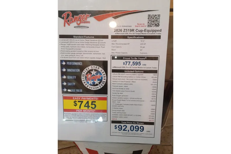 Slide: The Image of 2026 Ranger Z519R Cup-Equipped boat specifications and pricing details displayed on a promotional sheet. - 8