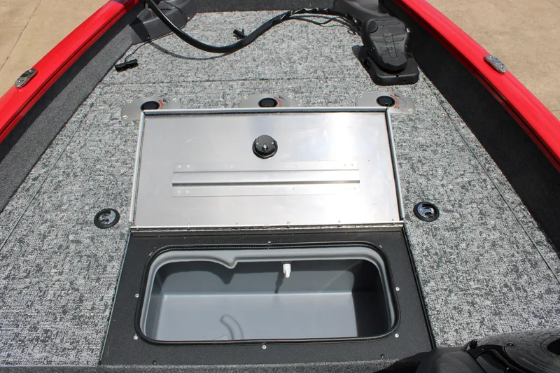 Slide: The Image of 2026 Tracker Pro Team 175 Crappie Edition boat deck with storage compartments. - 9