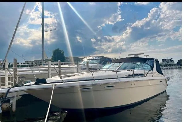 The Image of 1992 Sea Ray 370 Express Cruiser docked under a partly cloudy sky. - 1