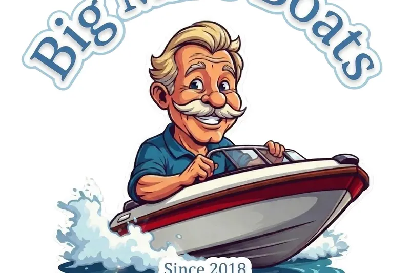 Slide: The Image of Cartoon man driving a speedboat with "Big Boy Boats" text above. - 23