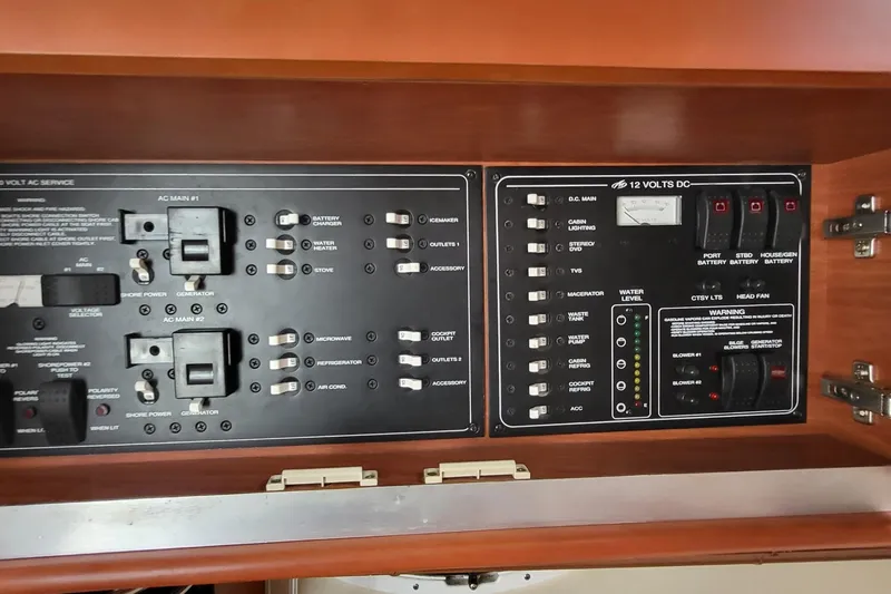 Slide: The Image of Control panel of a 2008 Monterey 350 Sport Yacht, featuring AC and DC switches. - 17
