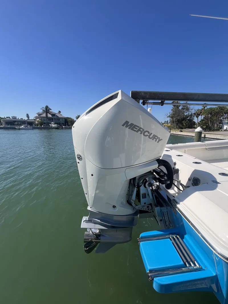 Slide: The Image of 2020 ShearWater Carolina boat with Mercury outboard motor. - 27