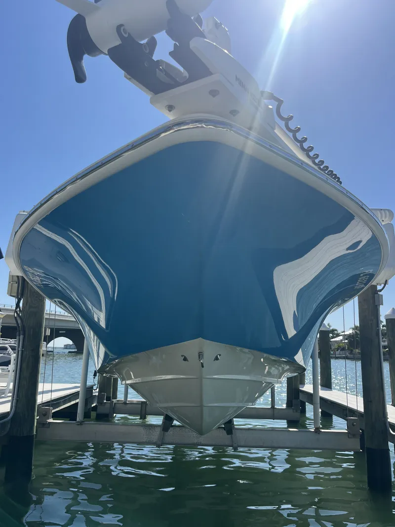 Slide: The Image of ShearWater Carolina 2020 boat on a dock under sunny skies. - 5
