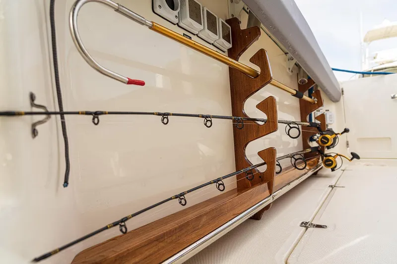 Slide: The Image of Manufacturer Provided Image: Fishing rod storage on 2025 Boston Whaler 420 Outrage boat. - 6