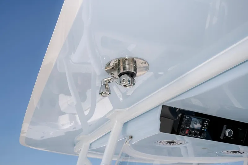 Slide: The Image of 2026 Contender 39 ST boat detail showing stainless steel fitting and electronic controls. - 20