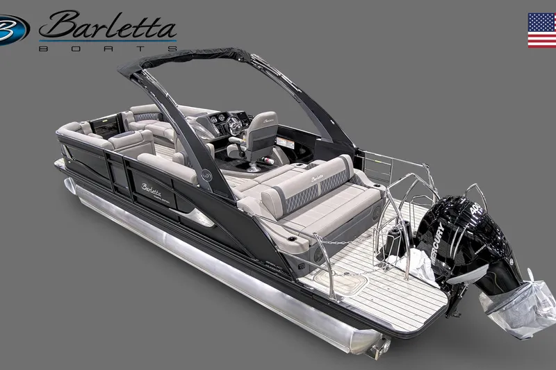 Slide: The Image of 2023 Barletta Lusso 25UA pontoon boat with sleek design and powerful Mercury engine. - 2