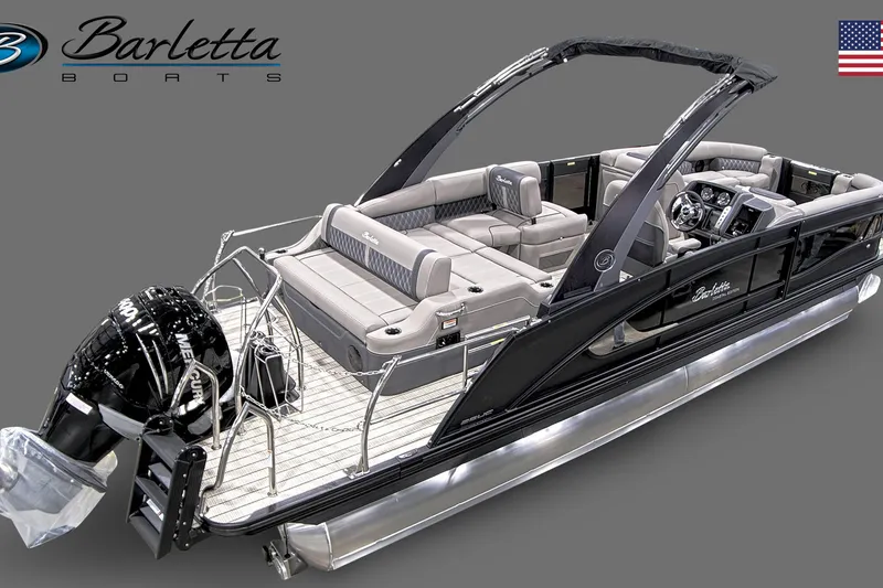 Slide: The Image of 2023 Barletta Lusso 25UA pontoon boat with luxurious seating and sleek design. - 4