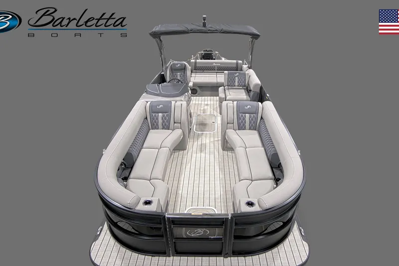 Slide: The Image of 2023 Barletta Lusso 25UA pontoon boat with luxurious seating and sleek design. - 6