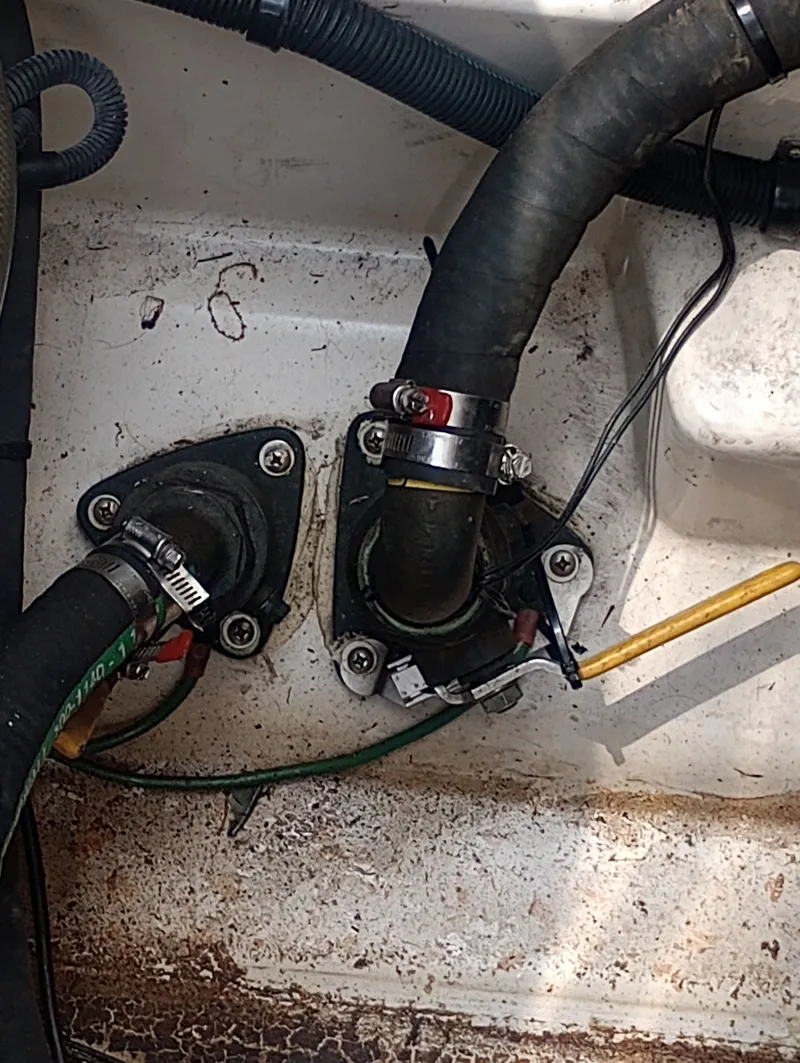 Slide: The Image of Hoses and fittings in a 2005 Sea Ray 270 Amberjack engine compartment. - 34