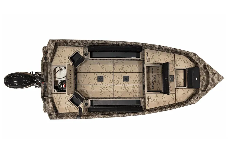 Slide: The Image of Manufacturer Provided Image: Top view of 2026 Excel Tomahawk boat with camo design and outboard motor. - 29