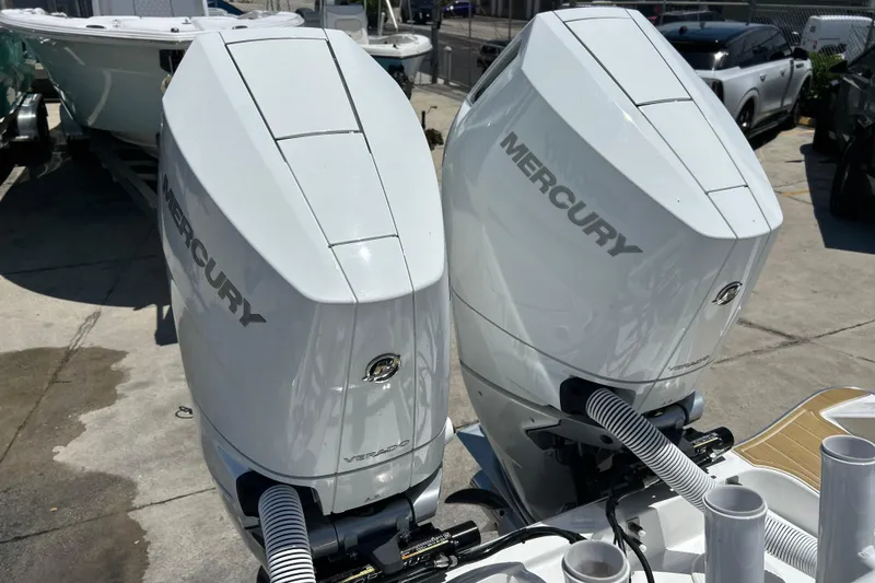 Slide: The Image of Twin Mercury outboard engines on a 2025 Cape Horn 34 XS boat. - 19