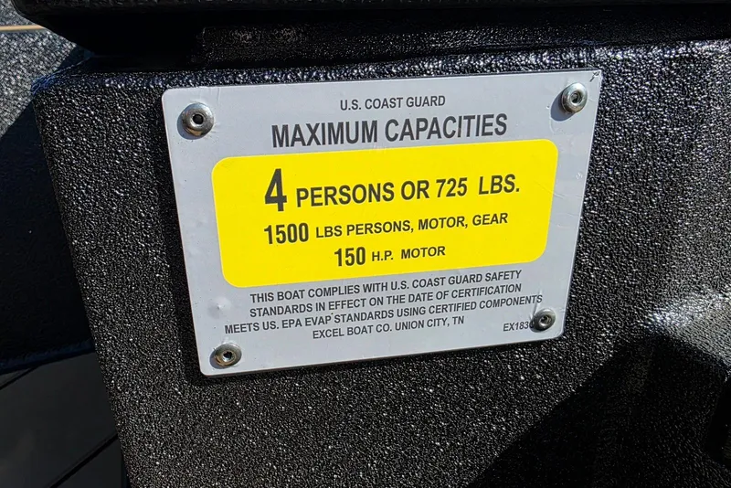Slide: The Image of Excel EX 183 boat capacity label, 4 persons or 725 lbs, 1500 lbs total, 150 HP motor. - 24