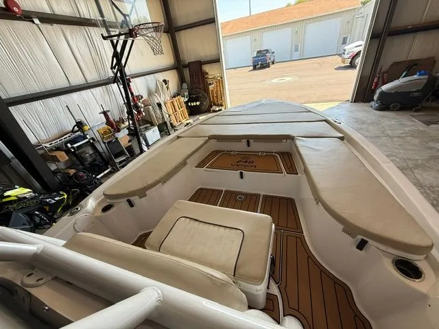 Slide: The Image of Interior view of a 2017 Sea Fox 240 Viper boat in a garage. - 10