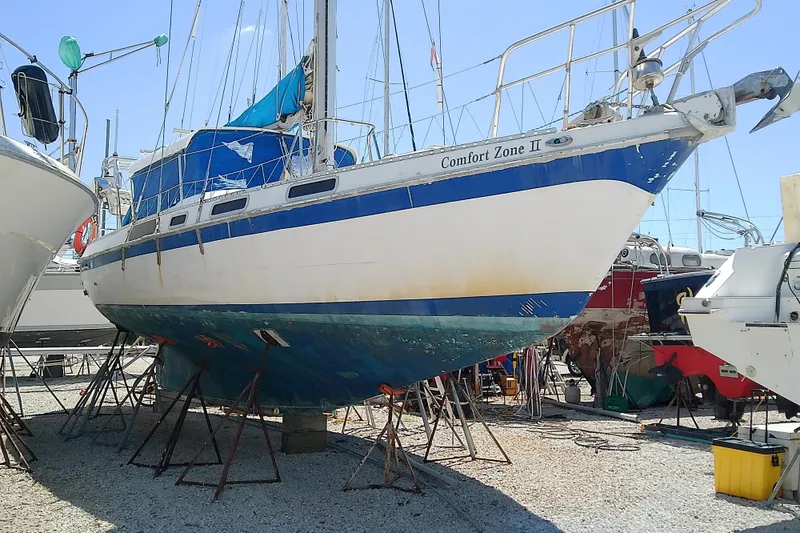 The Image of 1972 Morgan Out Island 41 sailboat, "Comfort Zone II," on dry dock for maintenance. - 1