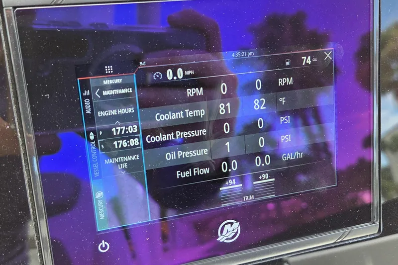 Slide: The Image of Dashboard display of a 2023 World Cat 280 DC-X boat showing engine metrics. - 17