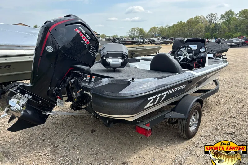 Slide: The Image of 2025 Nitro Z17 boat with Mercury Pro XS engine on a trailer at D&R Sports Center. - 3