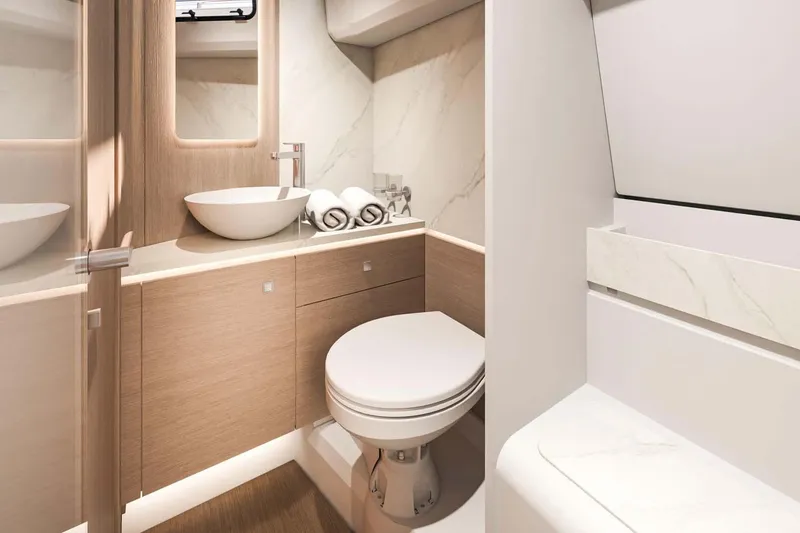 Slide: The Image of Manufacturer Provided Image: Luxurious bathroom in 2025 Beneteau Gran Turismo 35 yacht, featuring modern fixtures and elegant design. - 9