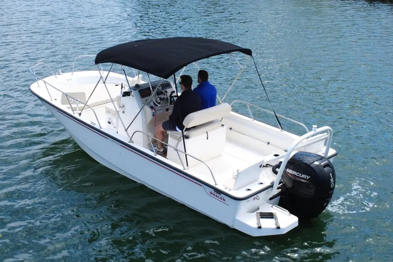 Slide: The Image of 2020 Boston Whaler 210 Montauk boat with canopy on water, rear view. - 3