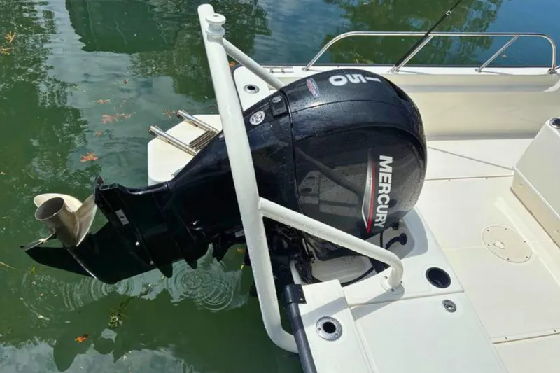 Slide: The Image of 2020 Boston Whaler 210 Montauk with Mercury outboard motor on calm water. - 9