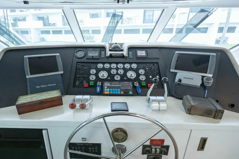 Slide: The Image of 1989 Hatteras Custom Cockpit helm with navigation instruments and controls. - 23